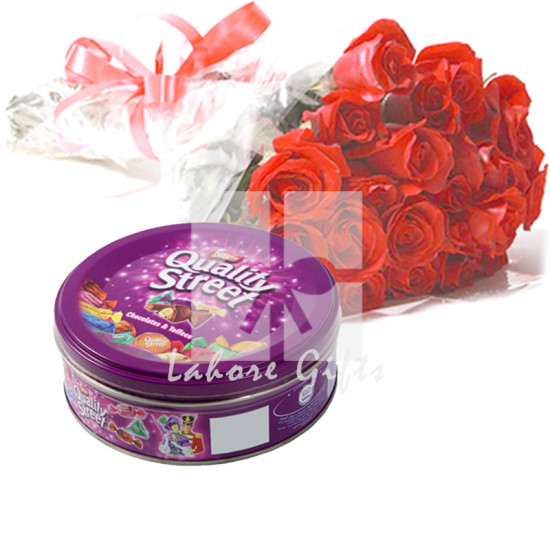 Red Roses and Quality Street Chocolate Toffees.