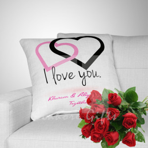 Free Roses with Personalised Couple Cushion Free Roses with Personalised Couple Cushion