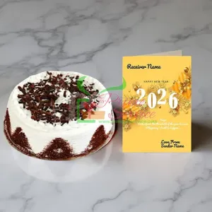Black Forest Cake with New Year Greeting Card