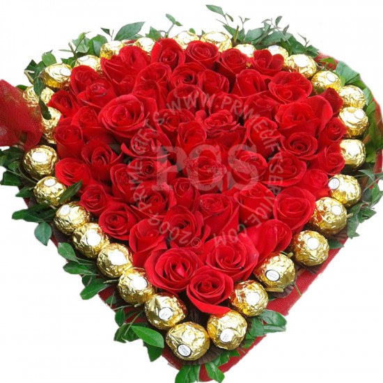 Heart Shape Red Roses Basket with Ferrero